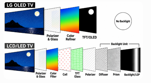 OLED and LCD Display Structure Comparison